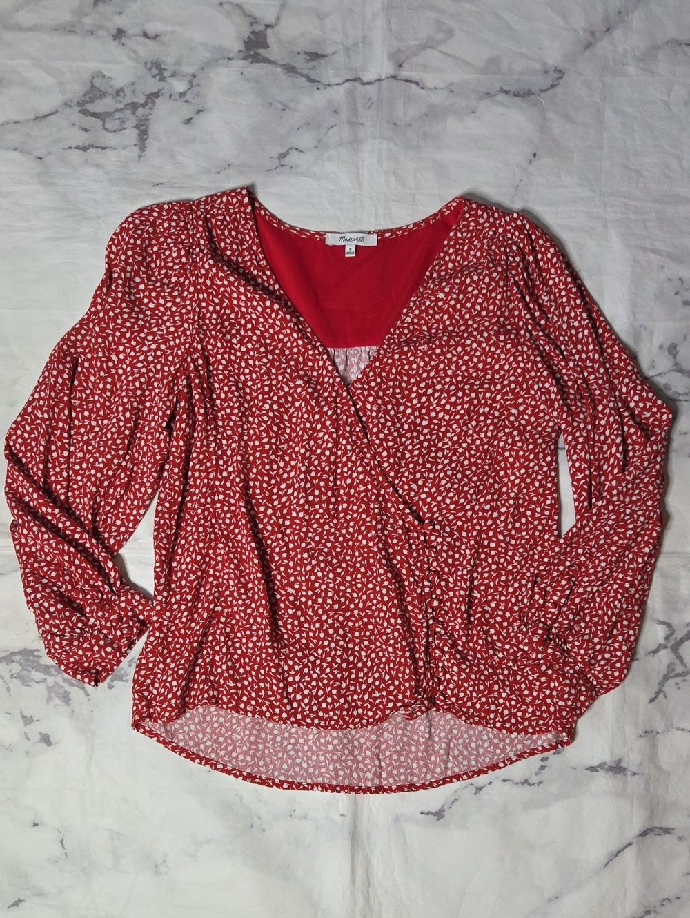 Madewell Kinston Side-Button Wrap Top In Red/White Park Picnic Print